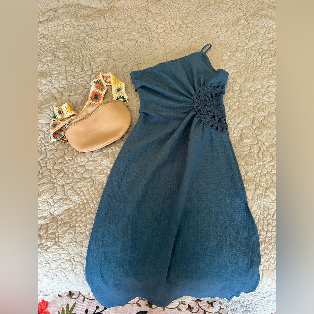 Teal One-Shoulder Dress with Crochet Detail
